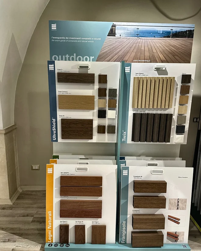 Espositore outdoor DECO nello showroom ArreDoor: decking UltraShield, listelli Twix, legni naturali Ipe e frangisole